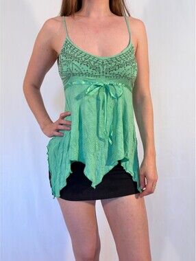 Mint Green Ribbon Handkerchief Y2k Style Cami Sequin Embroidered